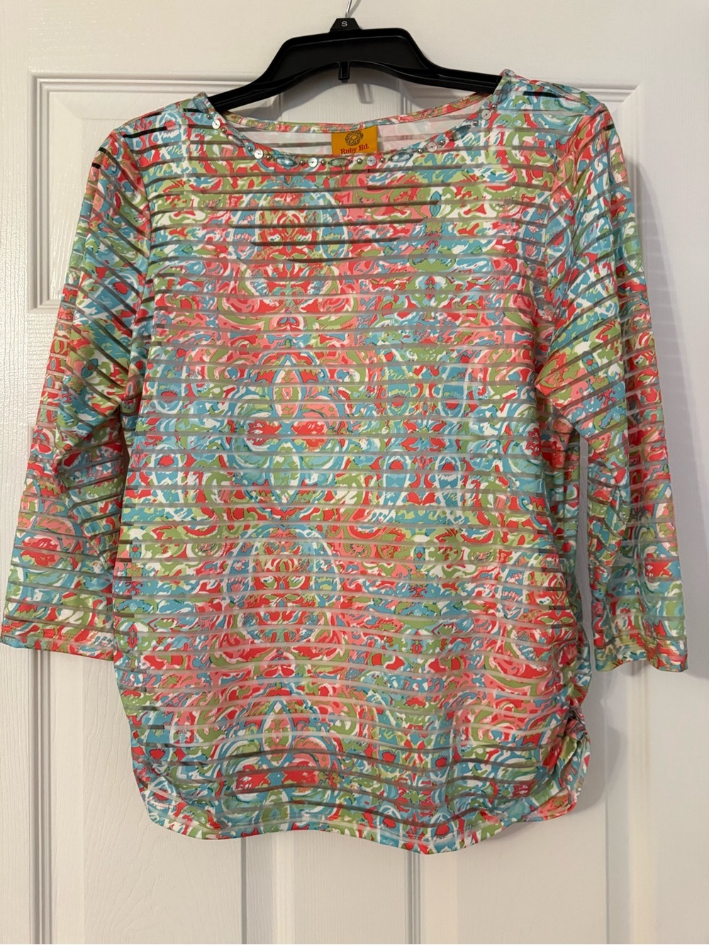 Ruby Rd. Multicolor Floral-Pattern Long Sleeve Tee - Coral, Aqua, Green, Cream